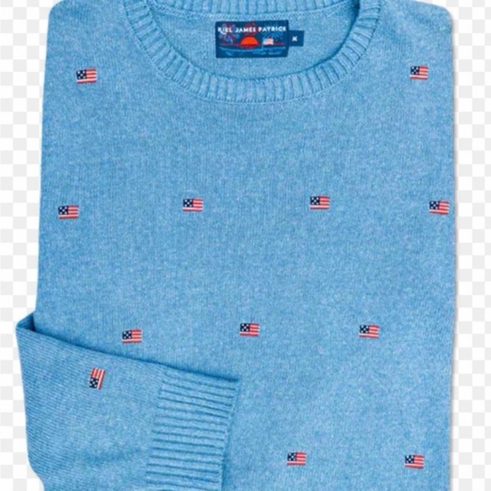Kiel James Patrick LightBlue Embroidered American Flag Crew Neck Sweater Size XL
